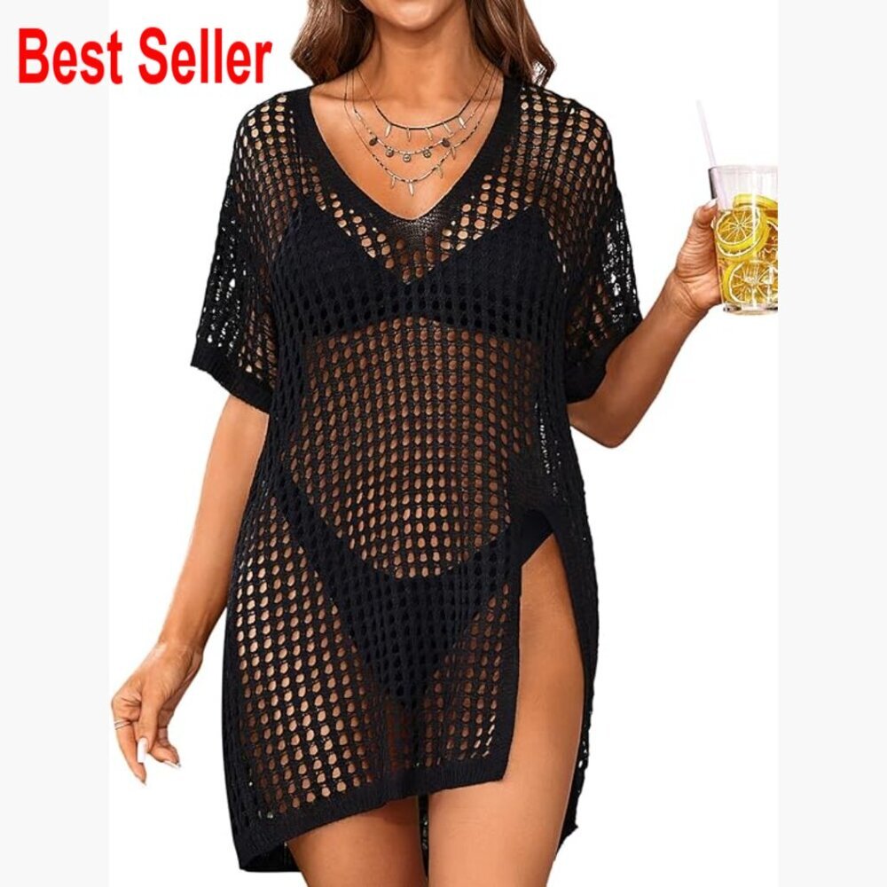 Crochet Mesh Swim Cover Up with Side Split V-Neck Short Sleeve - Picture 1 of 7